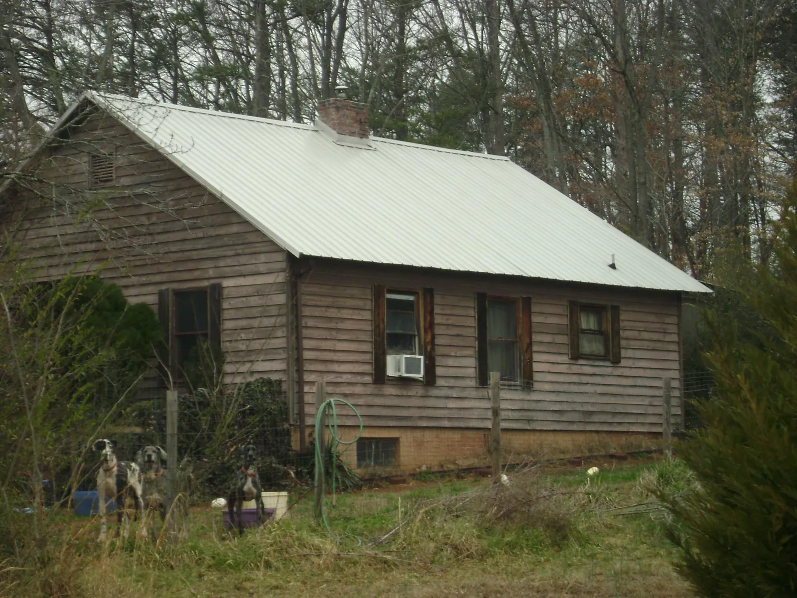 White metal roof on an old wood sided farmhouse, from a Metal Roof Installation job in Eagle Springs